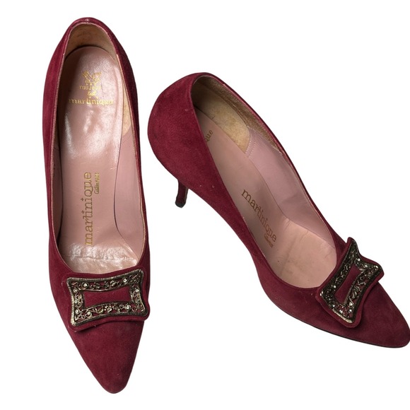 Martina Wine Red Pumps Women's 7S Slim‎ Narrow Classic Leather Heels Vintage - Picture 13 of 15